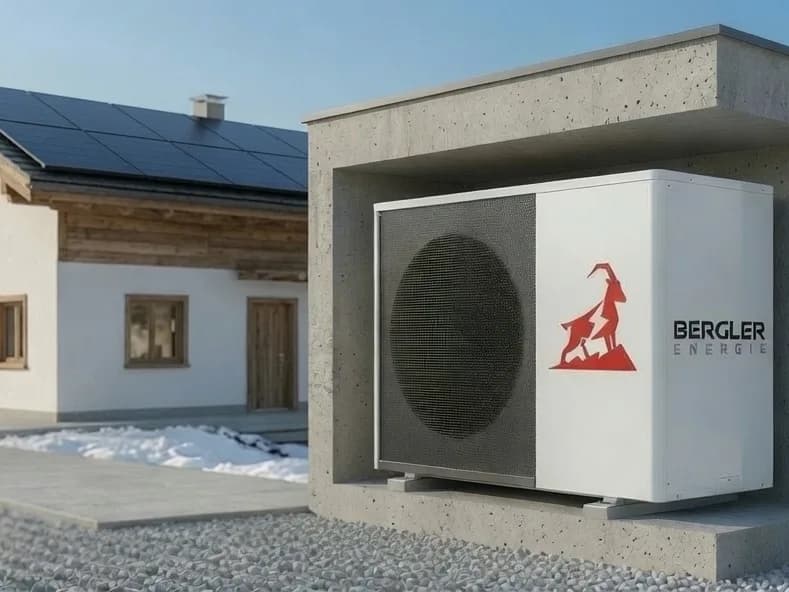 Wärmepumpe mit Bergler-Logo vor einem verschneiten Haus mit Photovoltaik